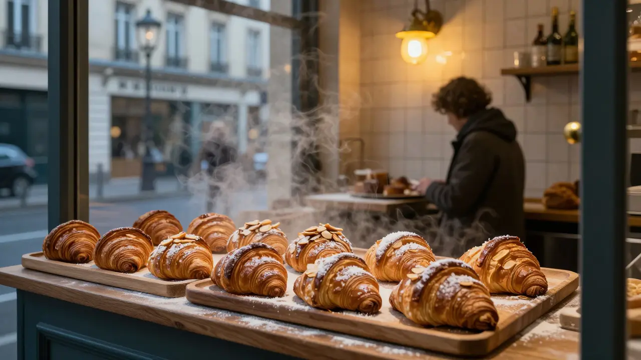 Fresh almond croissants steaming on a wooden tray in a quiet Parisian boulangerie at dawn.