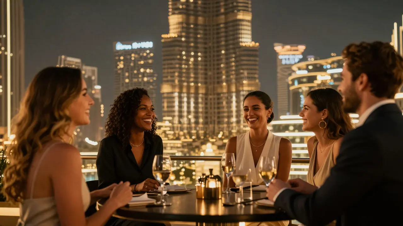 Group enjoying rooftop bar with Dubai skyline at night.