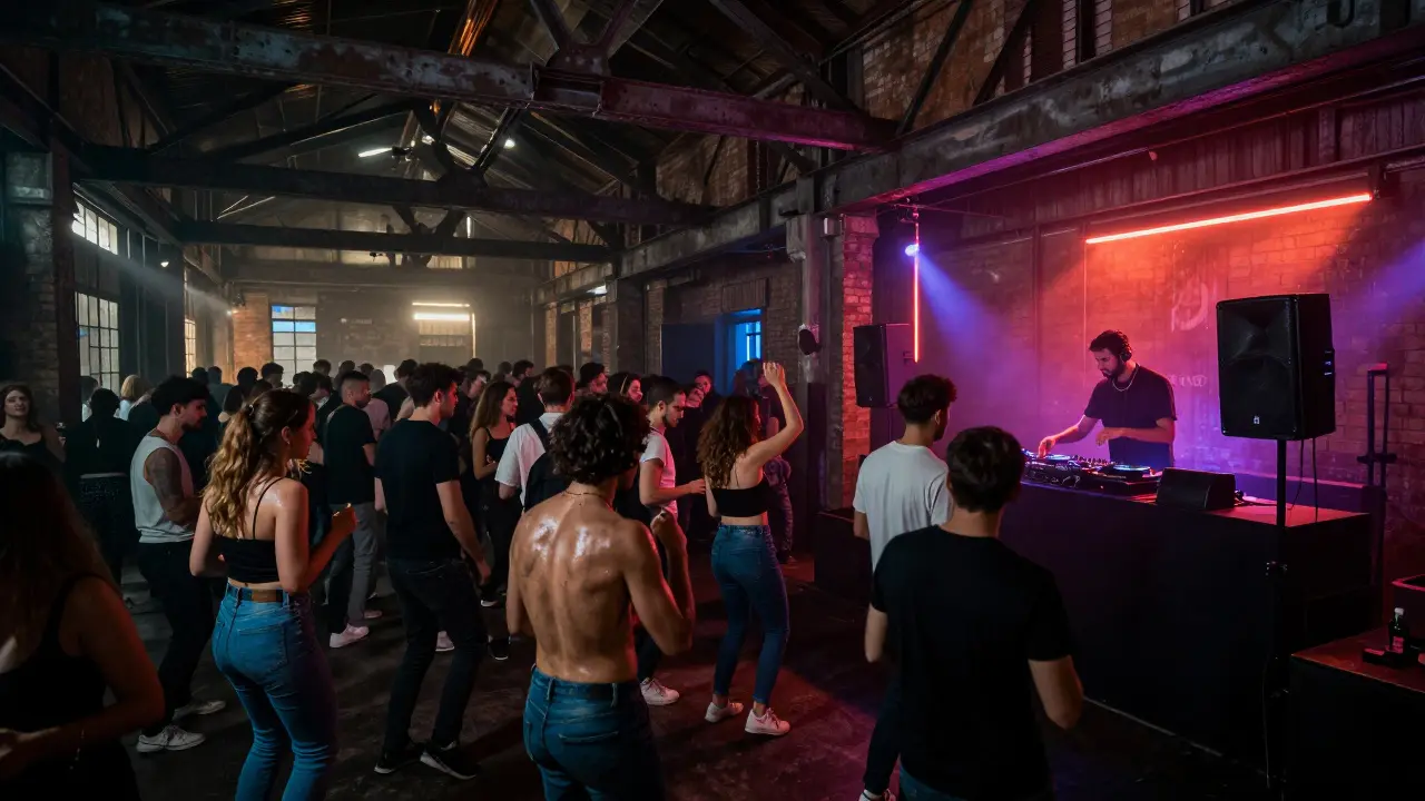 Inside Magazzini Generali club, a vibrant crowd dancing to techno under industrial lighting and exposed brick walls.