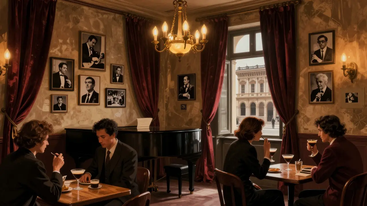 Intimate jazz club in Brera with piano, velvet curtains, and patrons sipping cocktails in warm dim light.