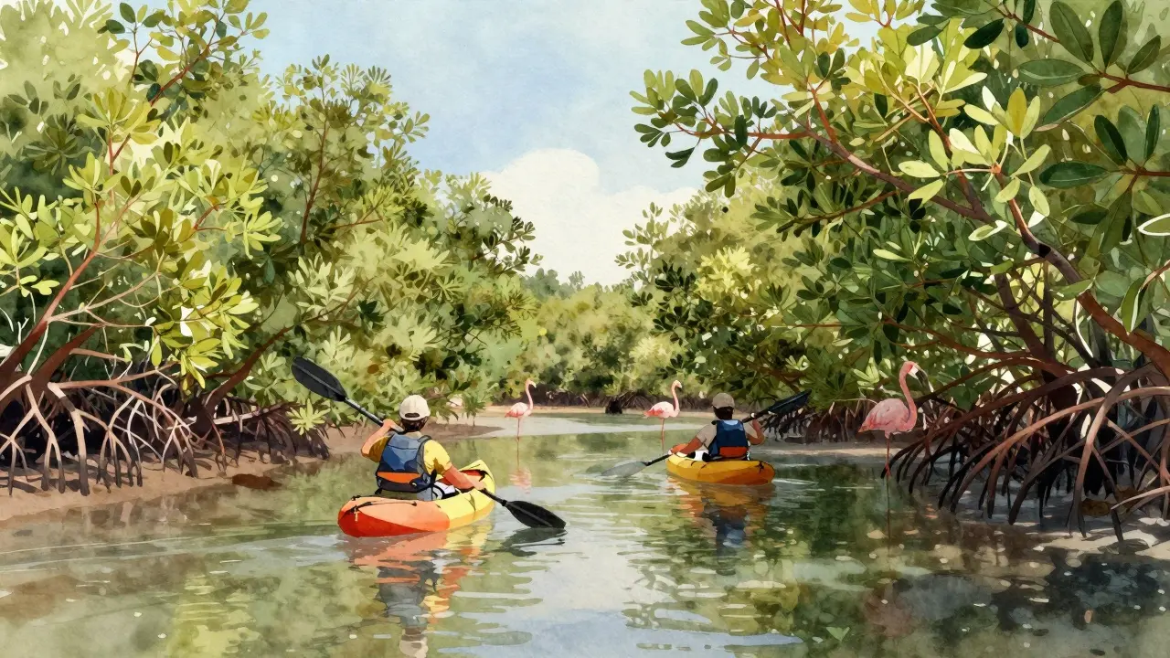 Kayak tour through Eastern Mangroves with flamingos and red mangrove trees