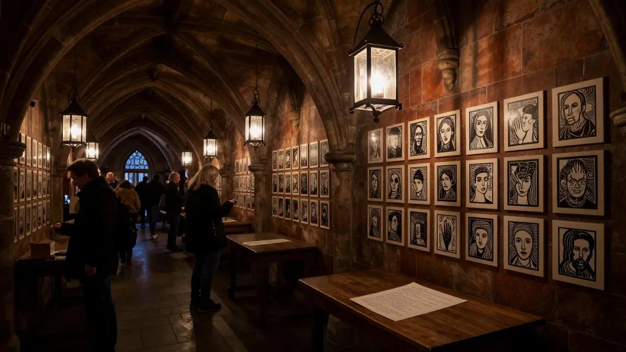 Lantern-lit woodblock prints in a stone crypt gallery with handwritten poetry.
