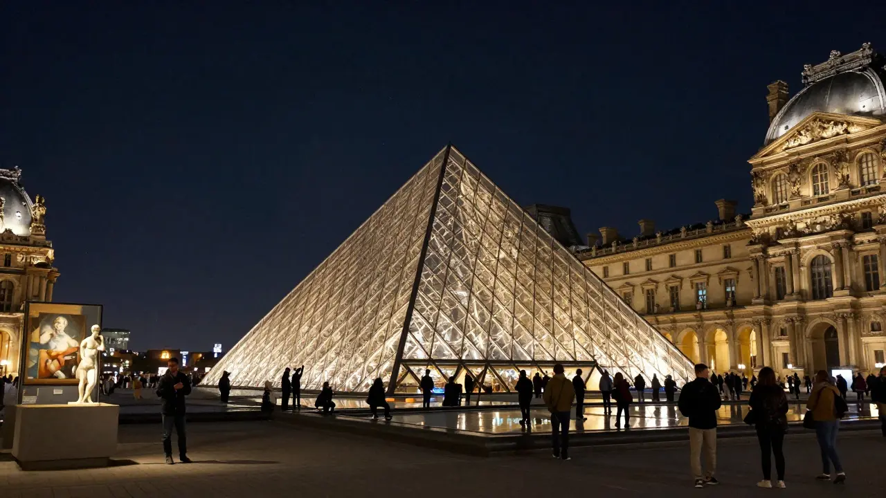 Louvre Museum exhibits during midnight Nuit Blanche event.