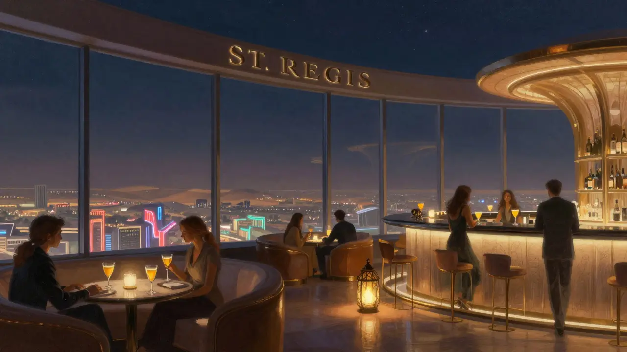 Luxury rooftop bar on the 42nd floor overlooking Abu Dhabi’s city lights at night with guests in lounge seating.