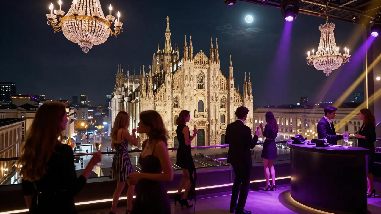 Luxury rooftop nightclub with panoramic views of Milan's Duomo and guests dancing under glowing lights.