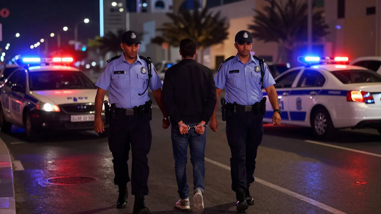 Police officers escorting detained person in handcuffs at night in Abu Dhabi.