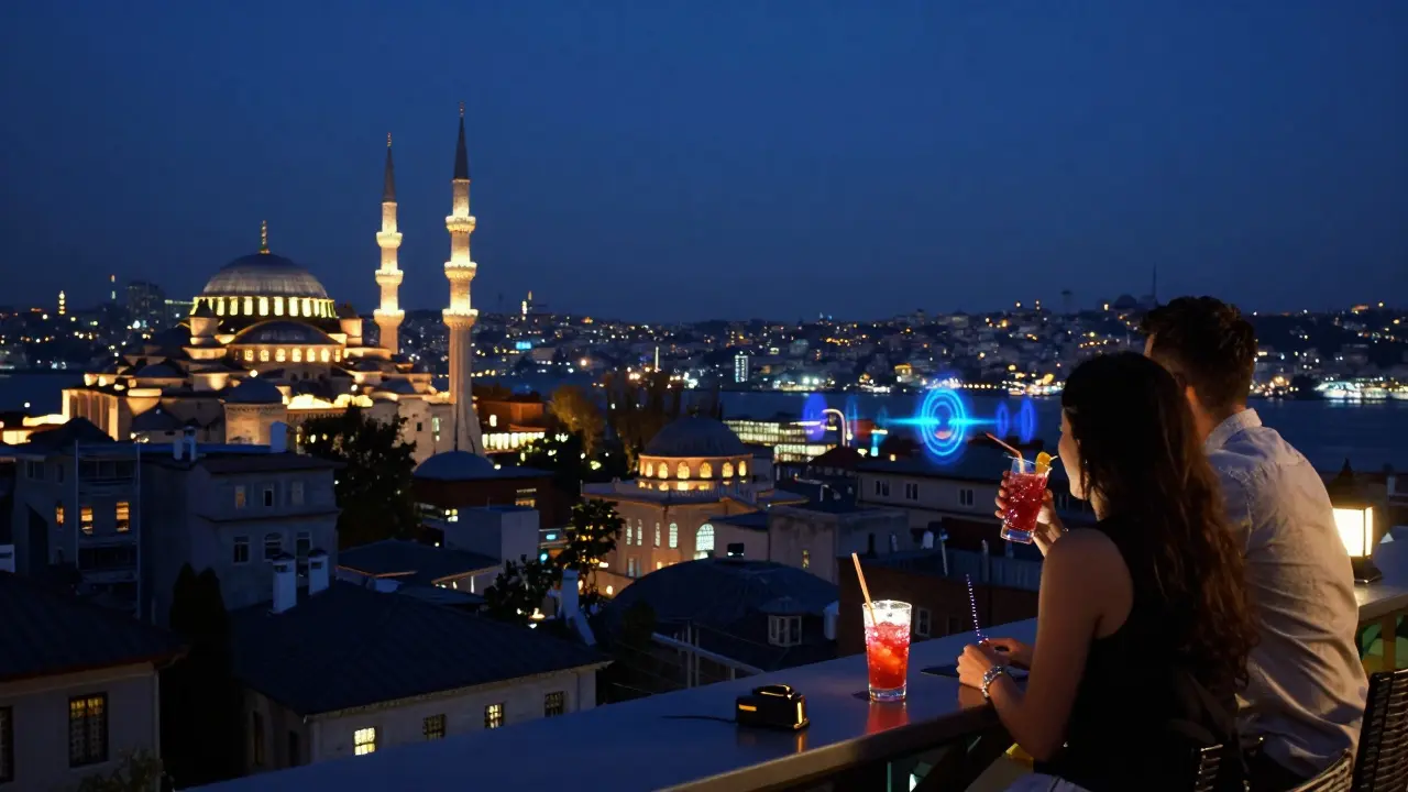 Rooftop view of Istanbul's skyline at night with cocktails and city lights.