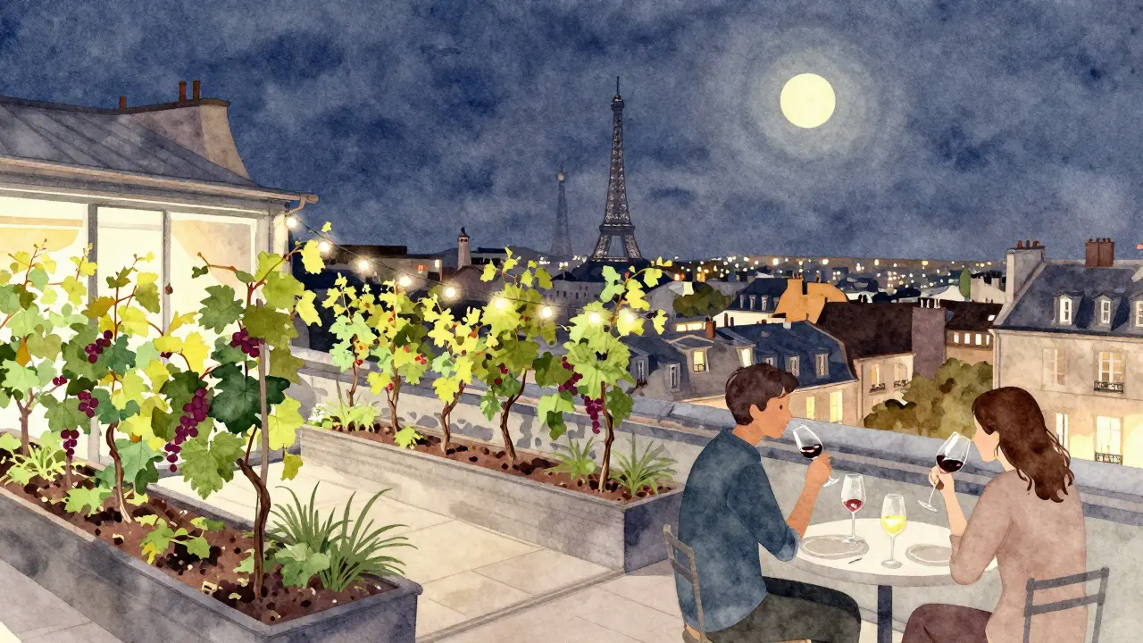 Rooftop vineyard terrace with Paris skyline and wine glasses at night.