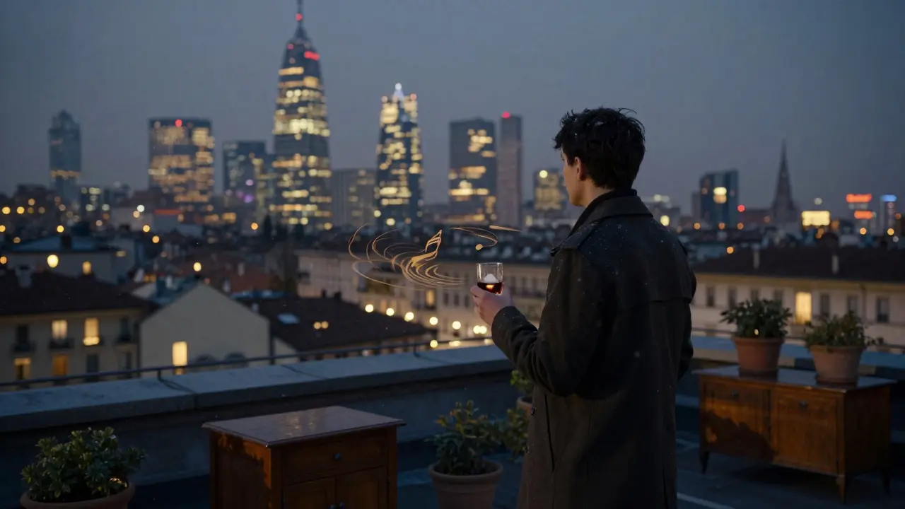 Silhouette on a rooftop bar at night, holding a glass as snow falls over Milan's glowing skyline.