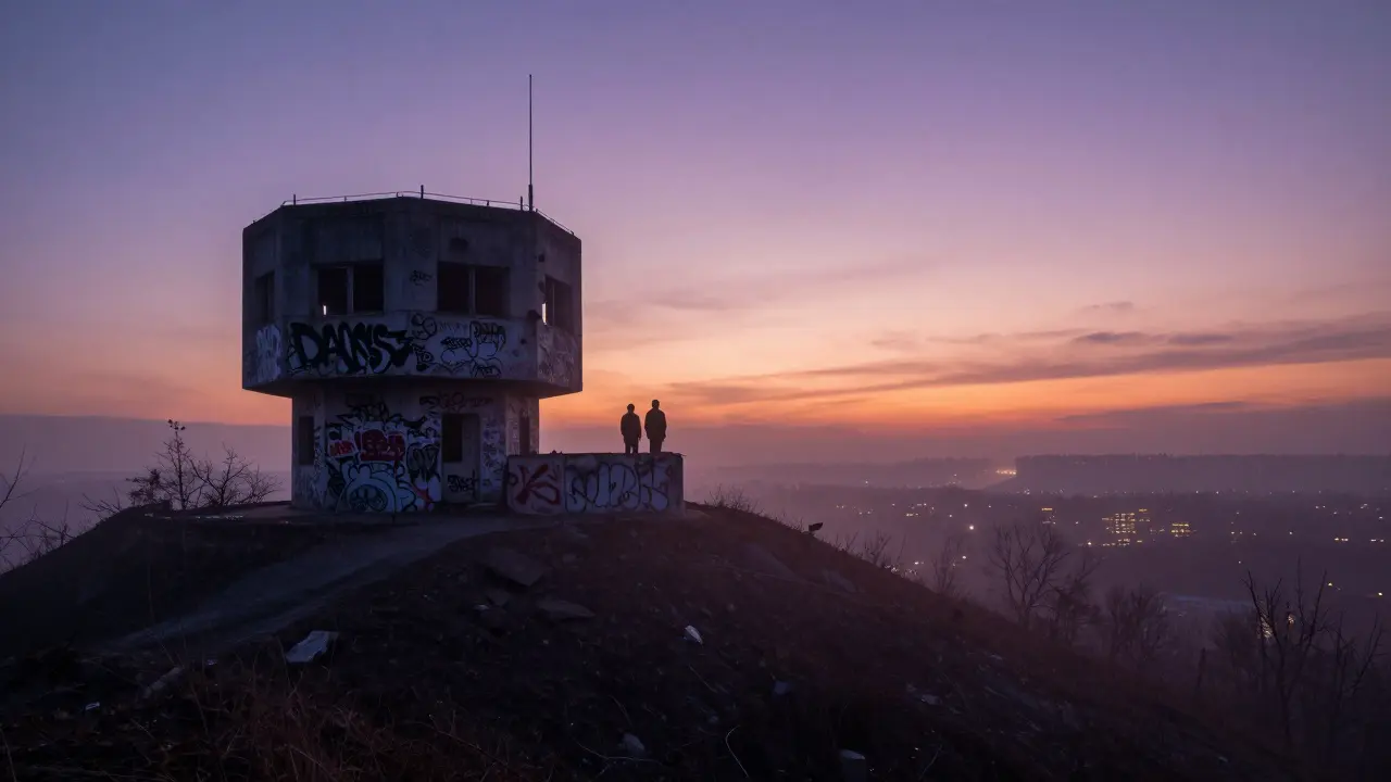 Silhouettes atop Teufelsberg hill at dusk, graffiti-covered ruins overlooking a glowing Berlin skyline.