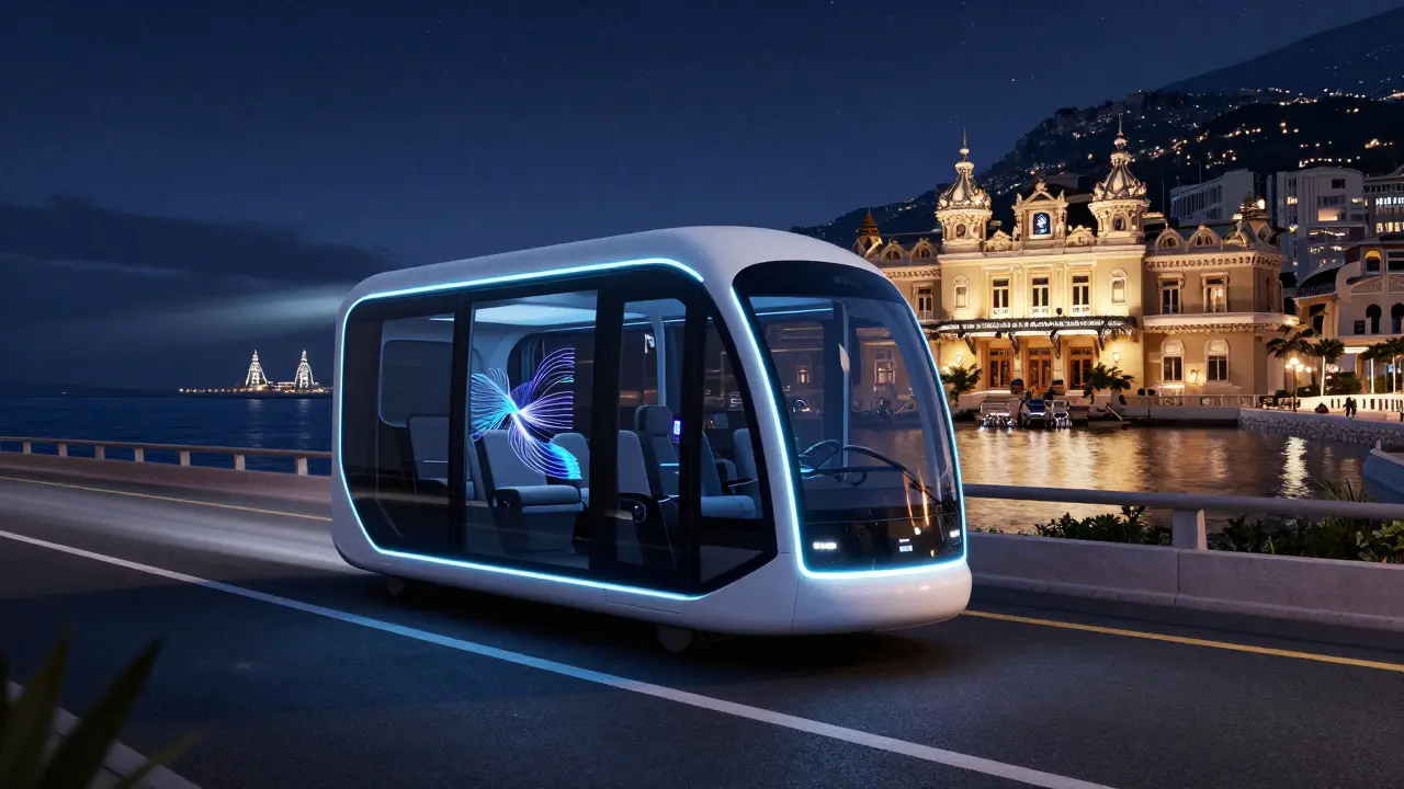 Sleek electric shuttle traveling between Monaco nightlife venues along coastal road at night.