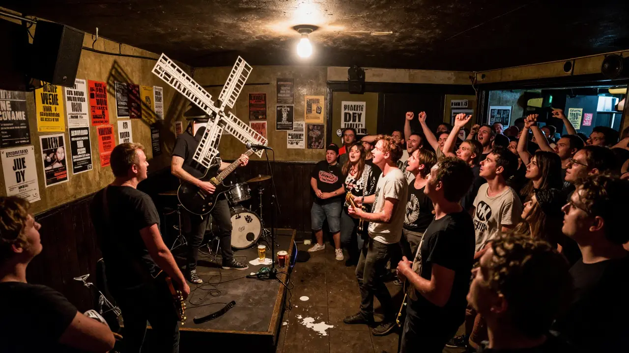 Small punk band playing in The Windmill pub, crowd packed tightly around the raised platform.