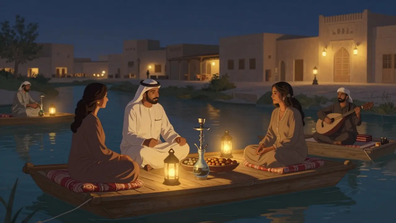 Traditional wooden boats on Al Seef creek at dusk, people enjoying shisha and local snacks under warm lantern glow.