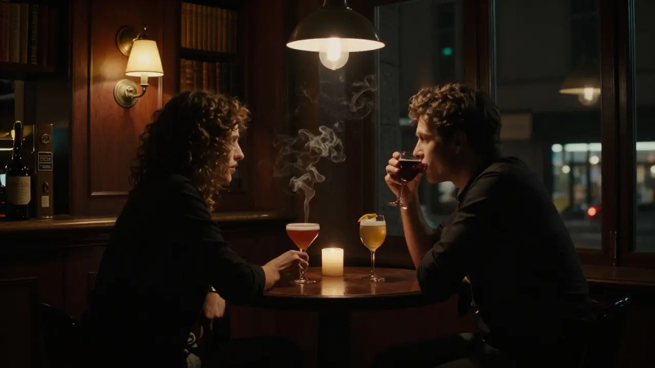 Two people enjoying cocktails in a dimly lit Berlin bar, warm lighting and vintage decor creating an intimate mood.