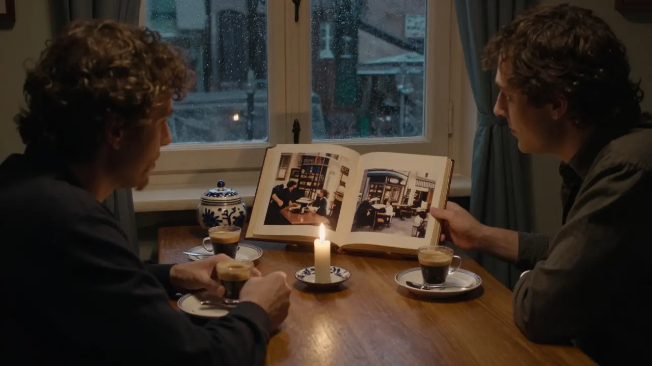 Two people share espresso at a candlelit table, looking at an old photograph of a Milanese café.