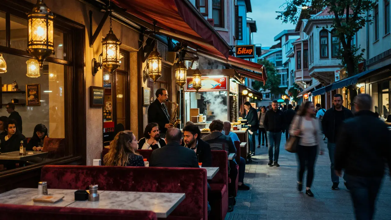 Vibrant arcade of Çiçek Pasajı at night with jazz music and lantern-lit taverns.