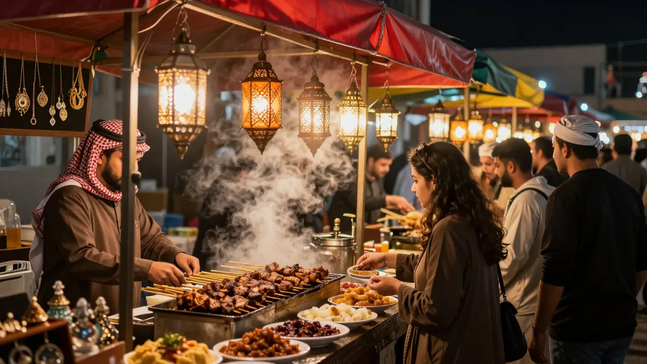 Vibrant night market at Al Wahda with food stalls, lanterns, and locals enjoying late-night Emirati dishes.