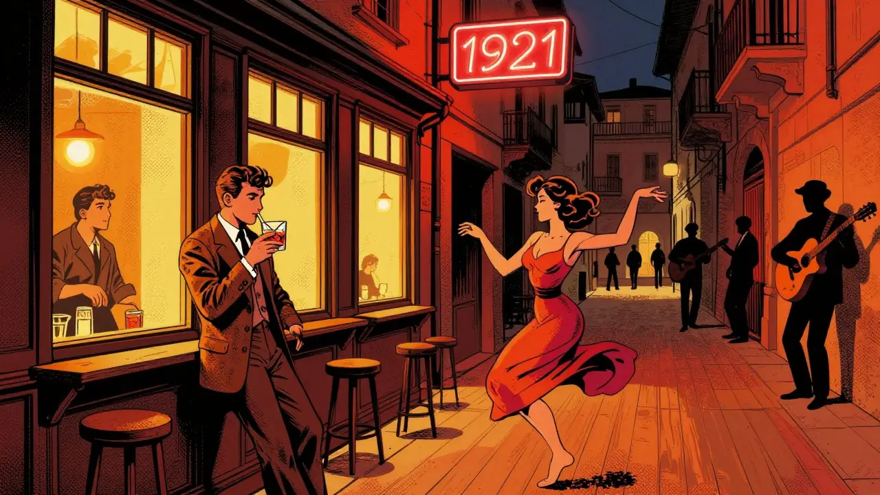 Vibrant street scene in Porta Ticinese with people dancing barefoot and Bar Basso glowing at 3 AM.