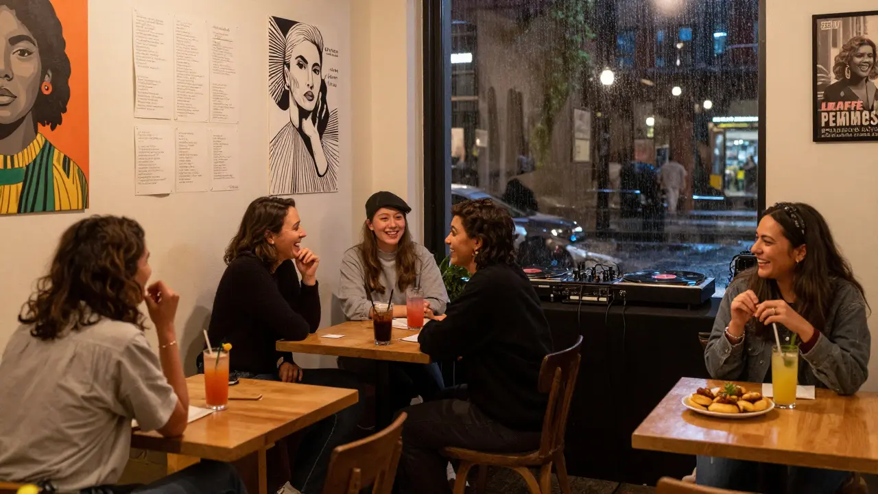 Warm interior of Le Café des Femmes with trans community gathering, murals, and DJ spinning vinyl.