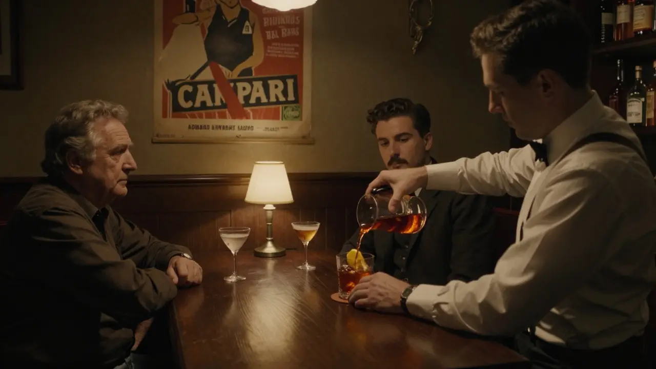 A bartender pouring a Negroni at Bar Basso, dim lighting, wooden booths, classic cocktail glass catching the glow.