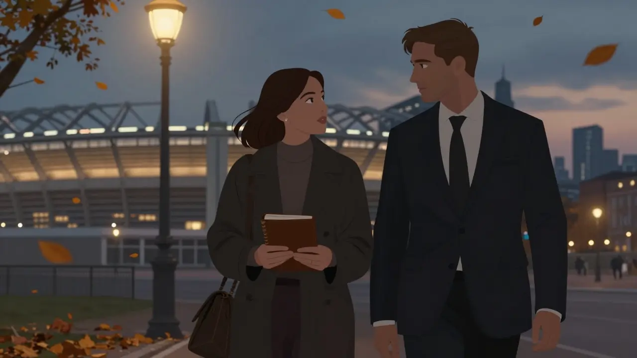A client and escort walk together near San Siro Stadium at dusk, sharing a quiet moment in the autumn city.