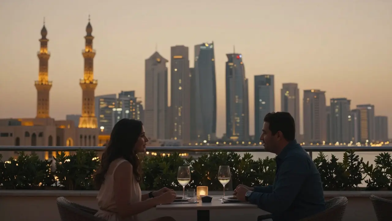 A couple enjoying dinner on a rooftop terrace in Abu Dhabi at sunset, overlooking the city with glasses of wine and no physical contact.