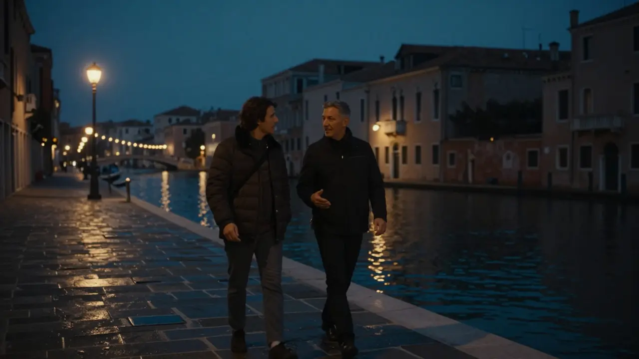 A couple strolls peacefully along the Navigli canals at night, soft lights reflecting on the water, companionship without intrusion.