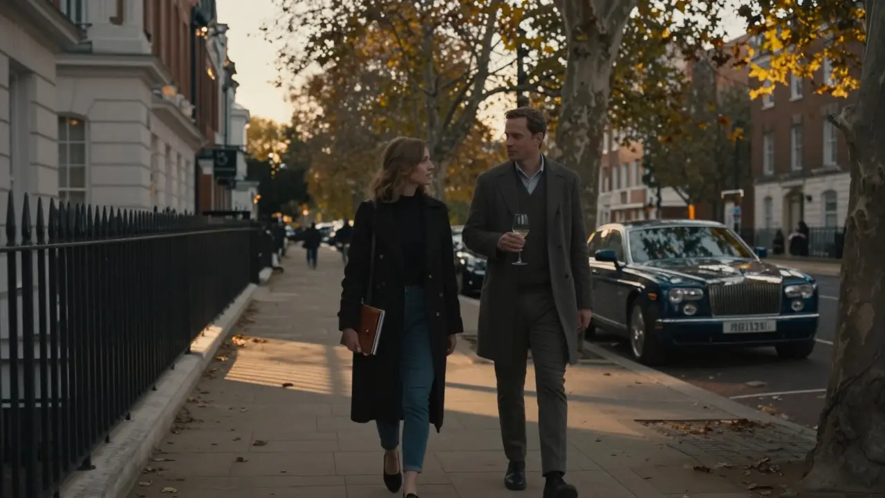 A couple walking peacefully near Hyde Park in Knightsbridge at golden hour, luxury store facade in the distance.