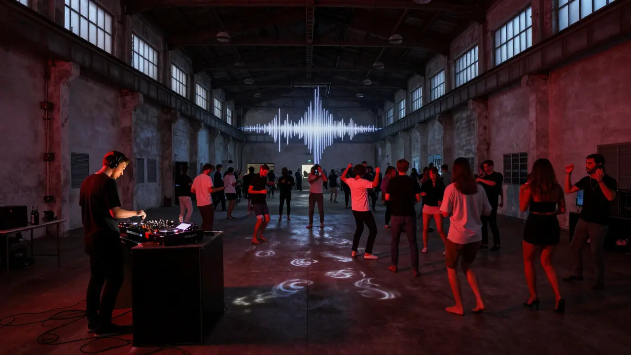 A crowd dances barefoot in an industrial warehouse club at 3 a.m., bathed in red light as dawn approaches.