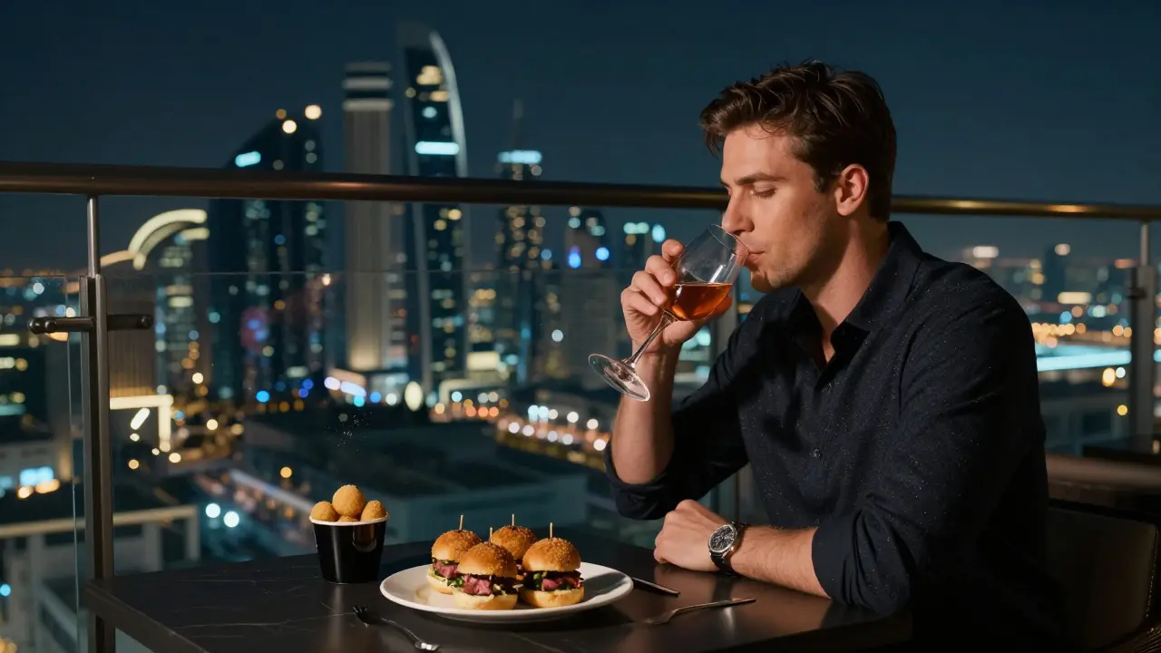 A diner enjoying truffle arancini and rosé on a rooftop with Abu Dhabi's skyline glowing in the distance.
