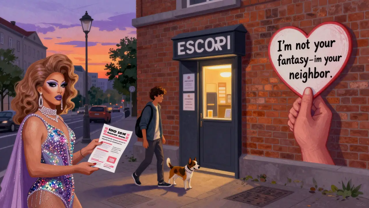 A drag performer handing out flyers on a Berlin street at dusk, with a discreet escort service portal and a mural of a heart-shaped sign in the background.