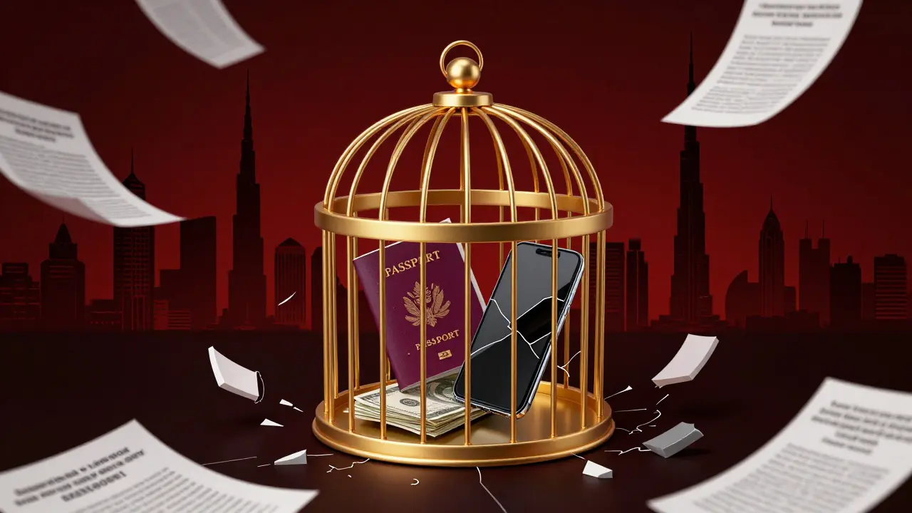 A golden cage filled with passport and cash, symbolizing the trap of breaking Dubai's laws.