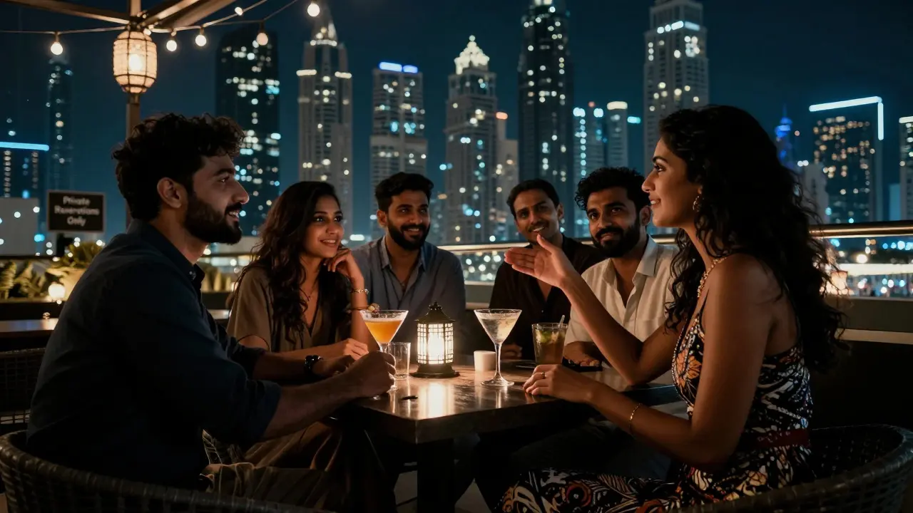 A group of people enjoying drinks on a softly lit Dubai rooftop bar with the city skyline in the background.