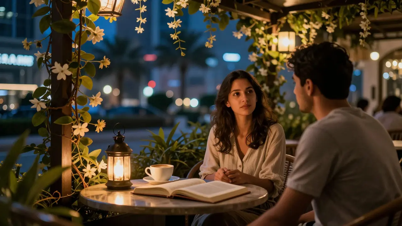 A hidden garden café in Abu Dhabi at midnight, with coffee and an open book in soft lantern light.