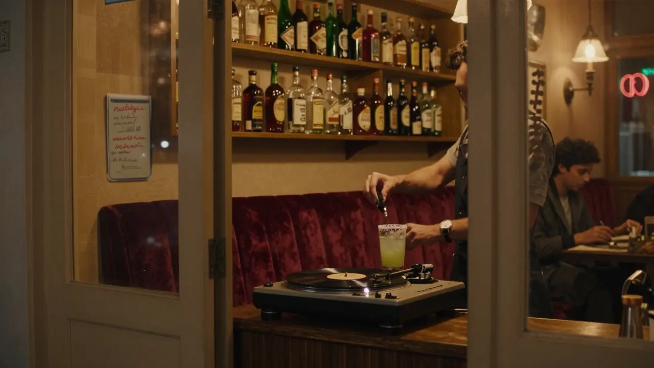 A hidden lounge behind a retro coffee shop, a bartender mixing a unique cocktail under velvet curtains and vinyl records.