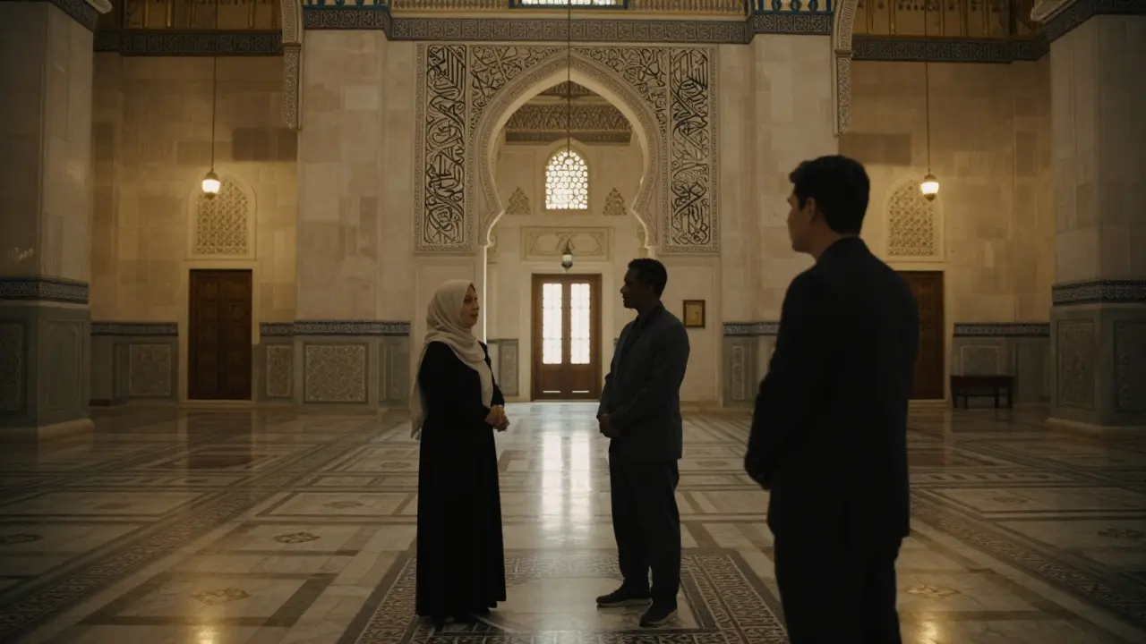 A knowledgeable woman guides a client through the serene, moonlit interior of Sheikh Zayed Grand Mosque after hours.