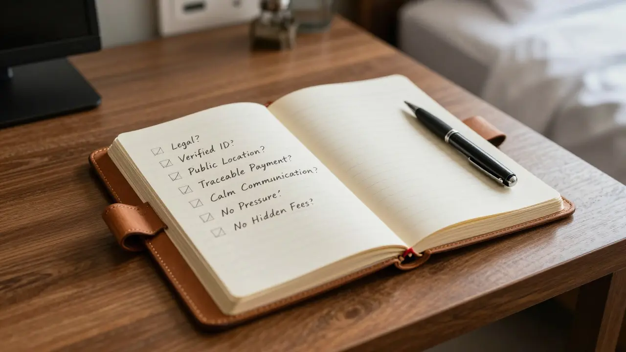 A leather notebook with a handwritten checklist of seven safety criteria for choosing an escort in Abu Dhabi.