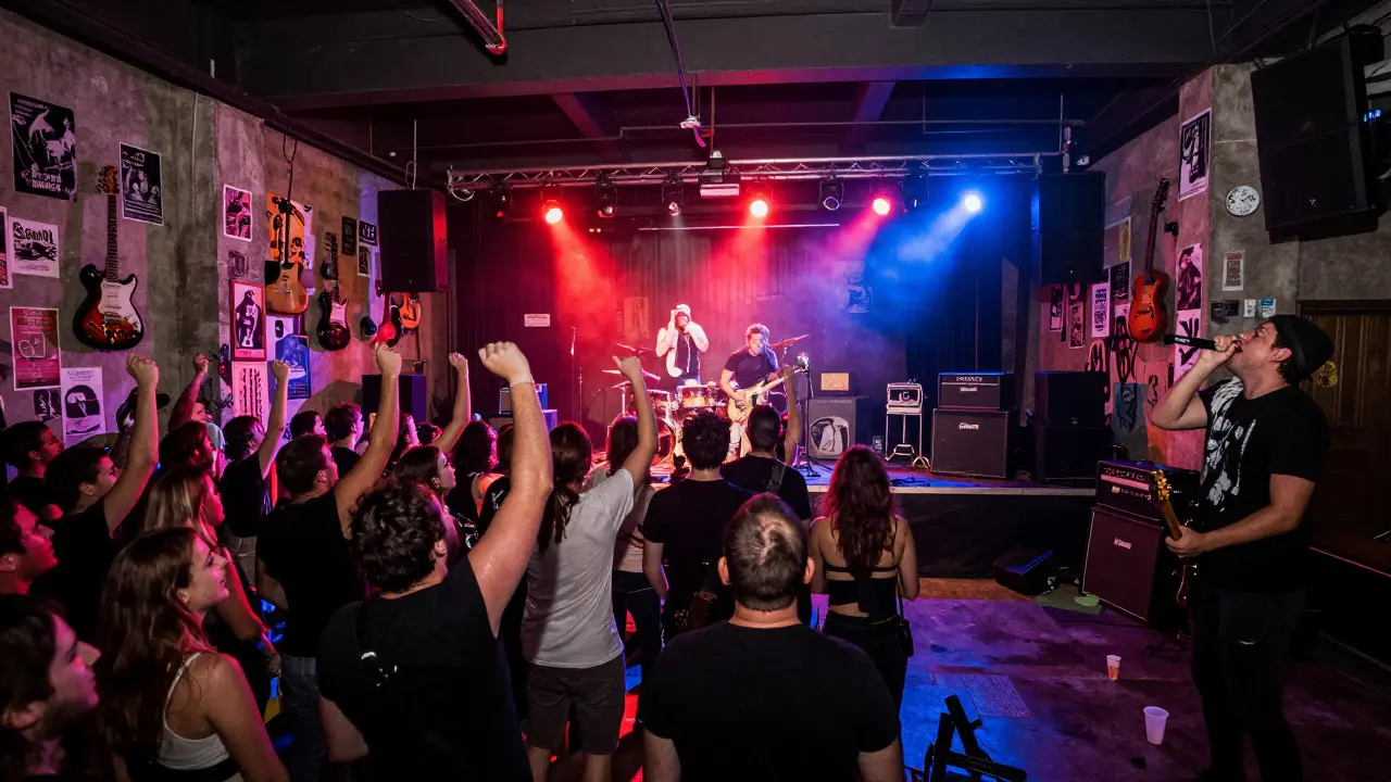 A loud rock crowd jumps in a gritty industrial venue with signed guitars and glowing stage lights illuminating the band.