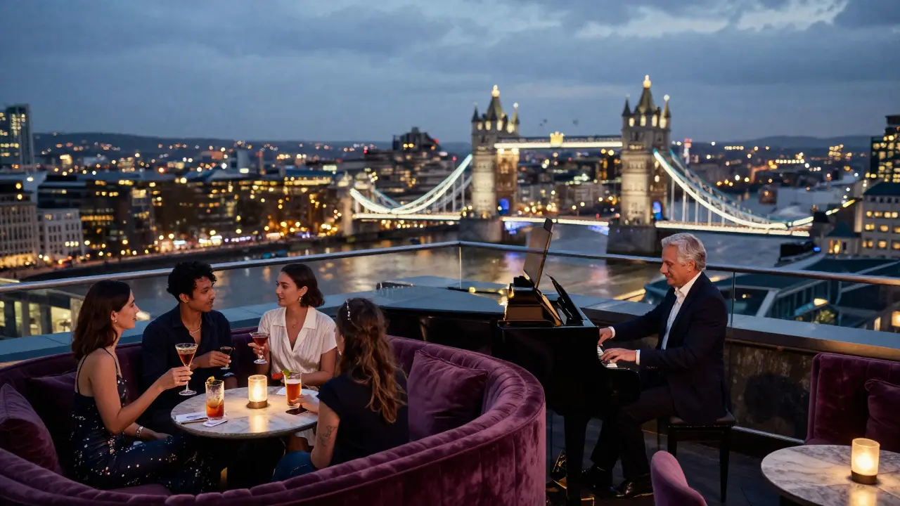 A luxurious rooftop bar with velvet couches, a pianist, and a glittering London skyline at dusk.