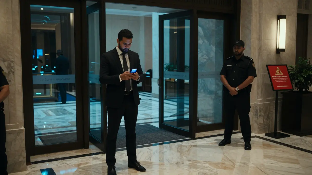 A man in a hotel lobby hesitates while receiving a suspicious message on his phone.