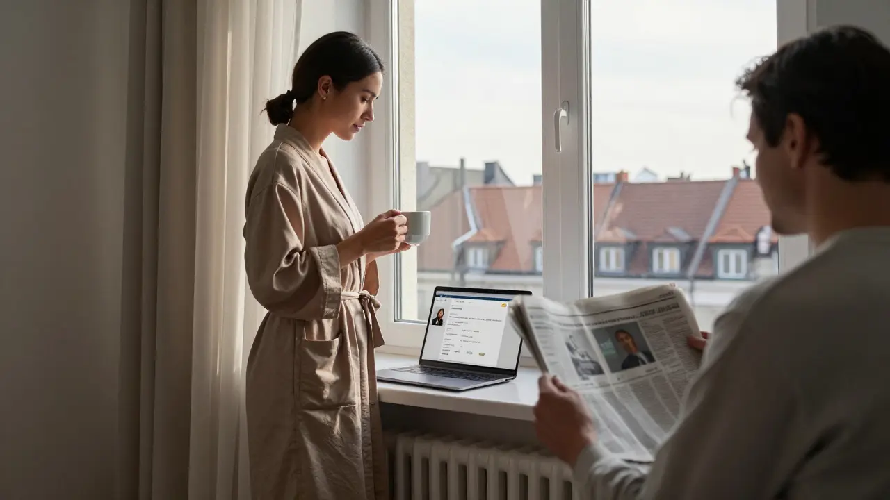 A peaceful morning in a Berlin rental, with an escort and client enjoying quiet time together in natural light.