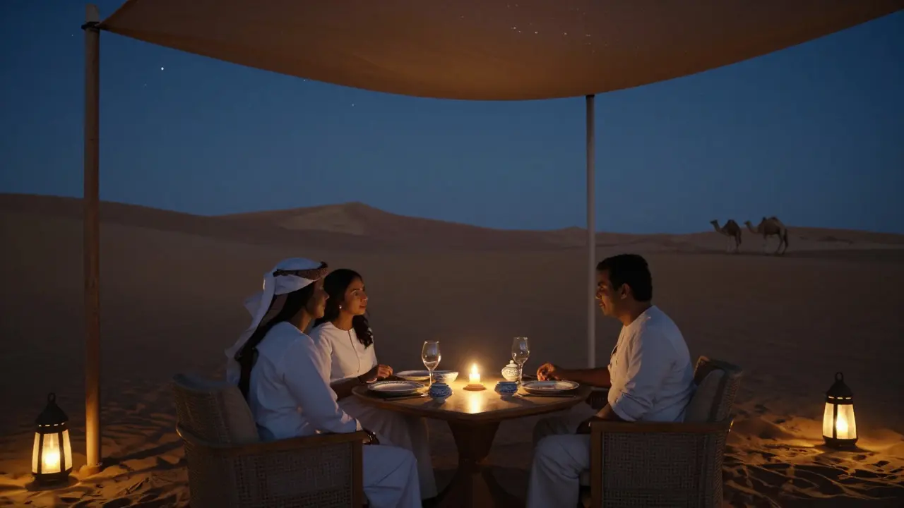 A private desert dining setting under starlight at Al Maha Resort, candlelit and serene.