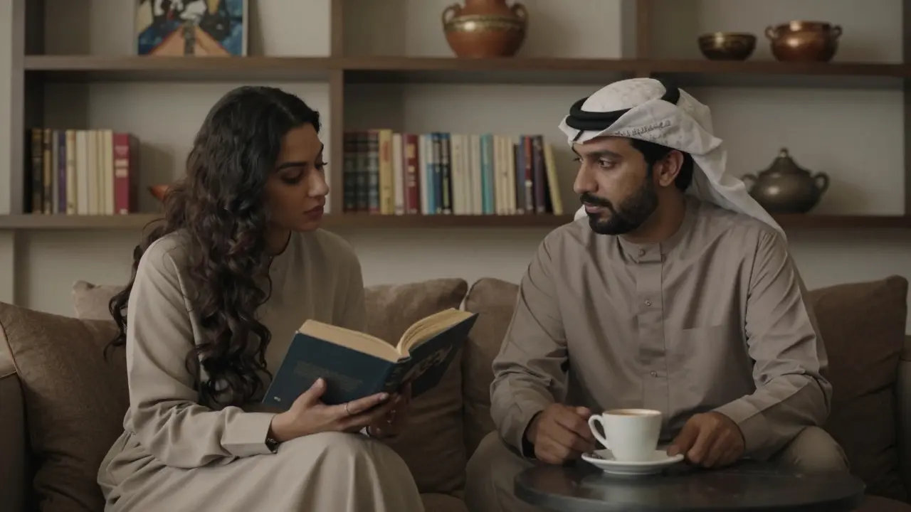 A private lounge setting in Abu Dhabi where a man listens as a woman sips coffee, surrounded by art and culture, emphasizing quiet connection.