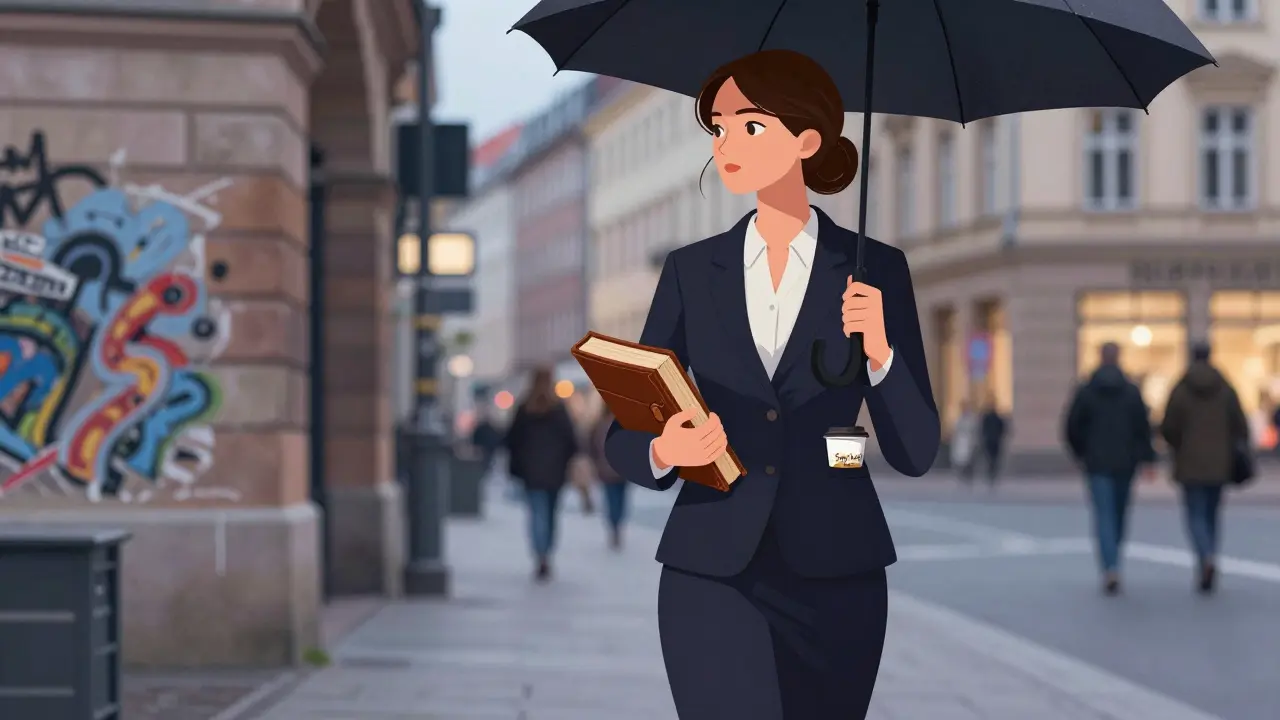 A professional companion walking through Berlin's Mitte district at dusk, holding a book and umbrella, symbolizing cultural companionship.