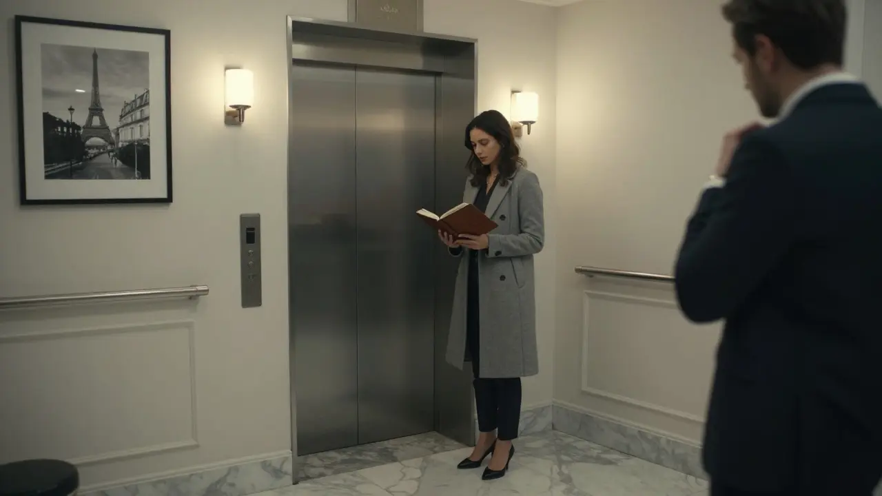 A professional escort waits in a refined Parisian apartment lobby, exuding calm professionalism.