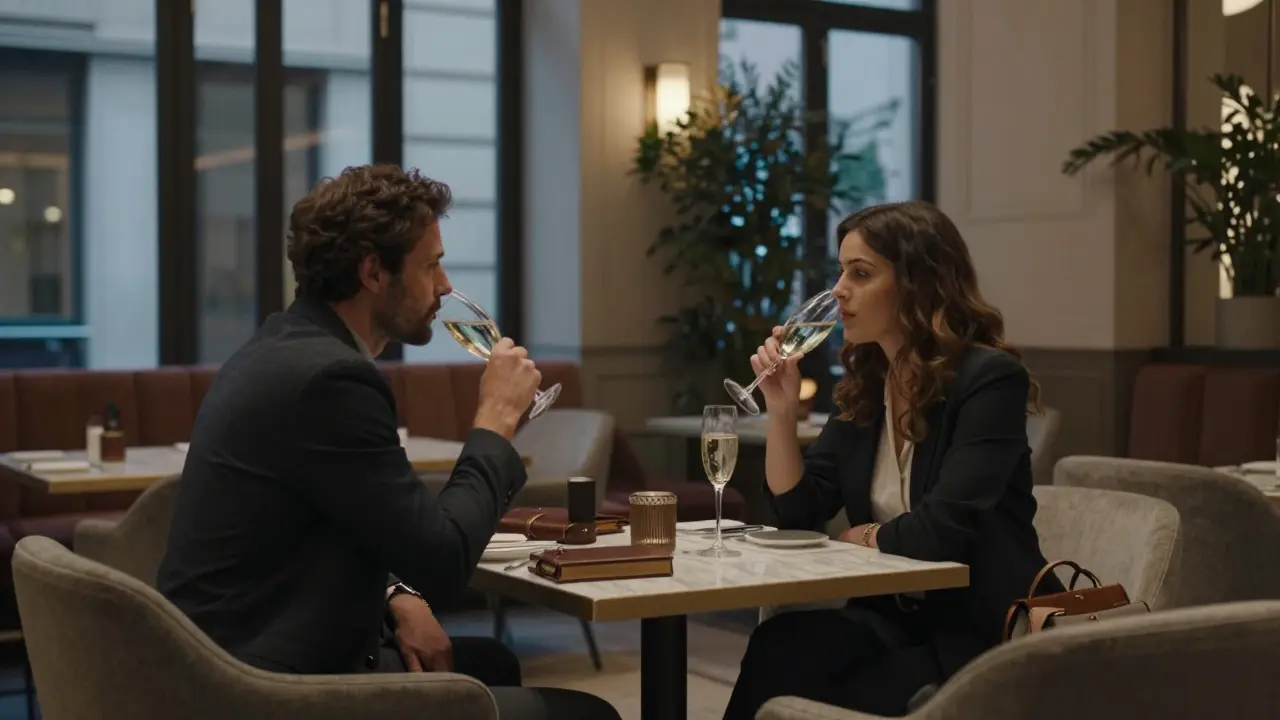 A professional first meeting between two individuals in a luxurious Milan hotel lobby, sipping Prosecco calmly.