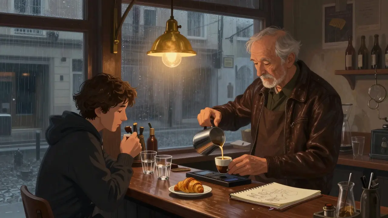 A quiet bar at dawn serving coffee to night owls after a long party.