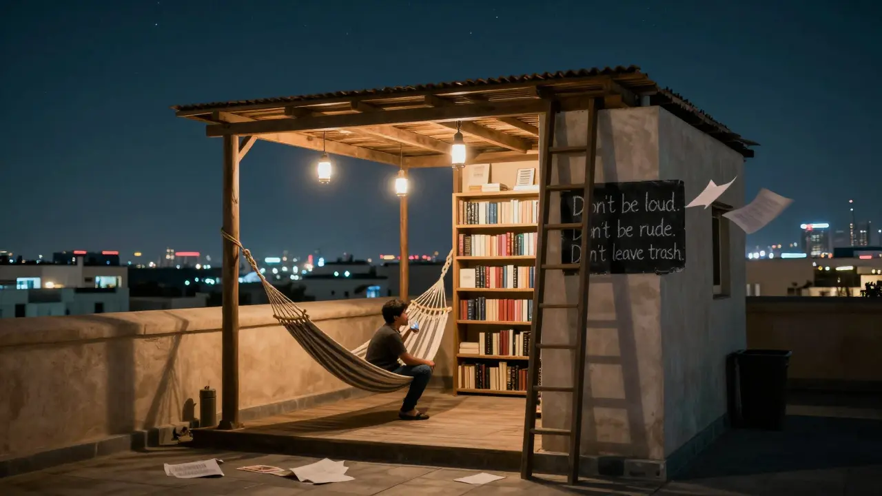 A quiet rooftop bar accessed by ladder, guests relaxing in hammocks under solar lanterns with city lights in the distance.