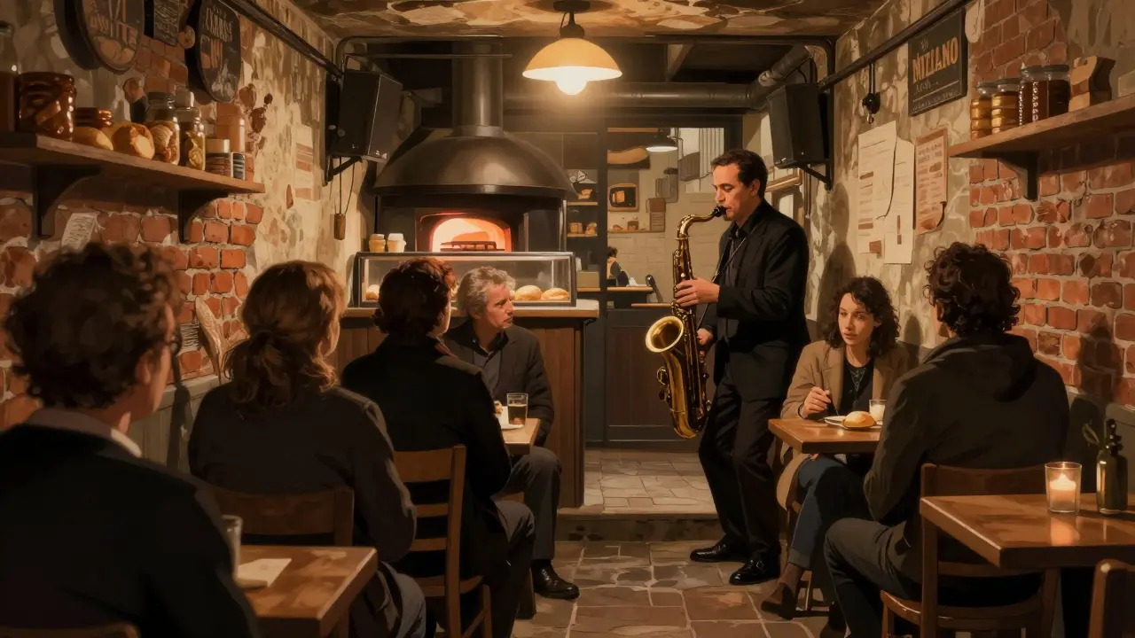 A saxophonist plays in a dimly lit basement jazz club beneath a bakery, patrons leaning in with quiet reverence.
