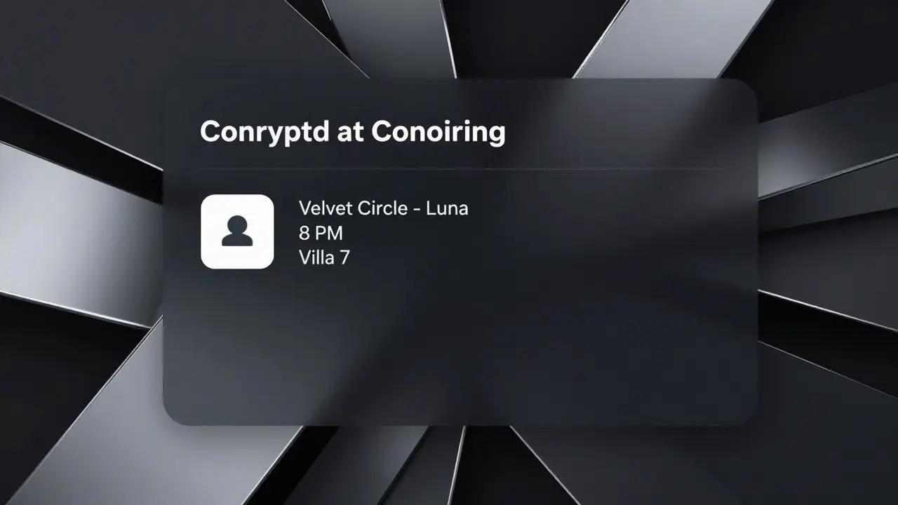 A secure digital booking interface shows a confirmed appointment with 'Velvet Circle - Luna' in minimalist cyber-luxury style.